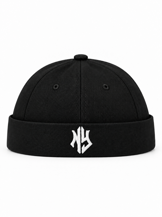 Black NY brimless hat with embroidered logo