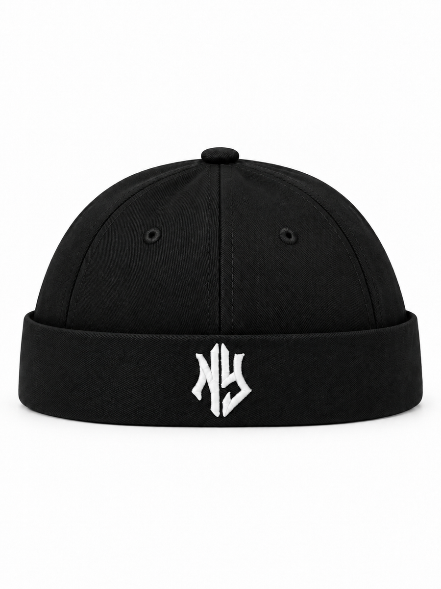 Black NY brimless hat with embroidered logo