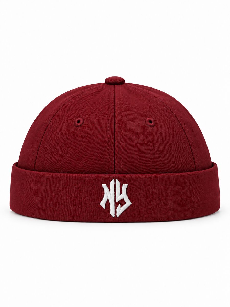Burgundy NY brimless hat with embroidered logo