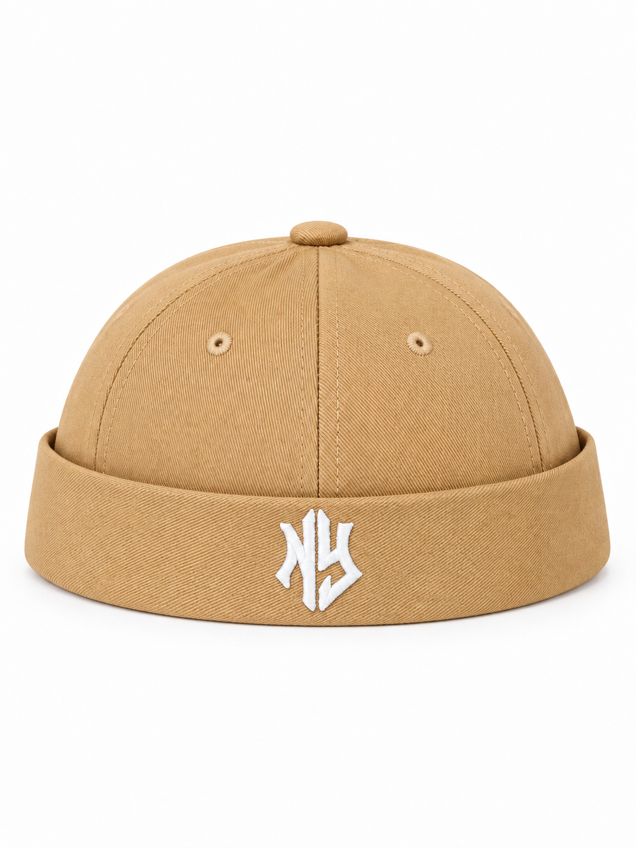 Tan NY brimless hat with embroidered logo