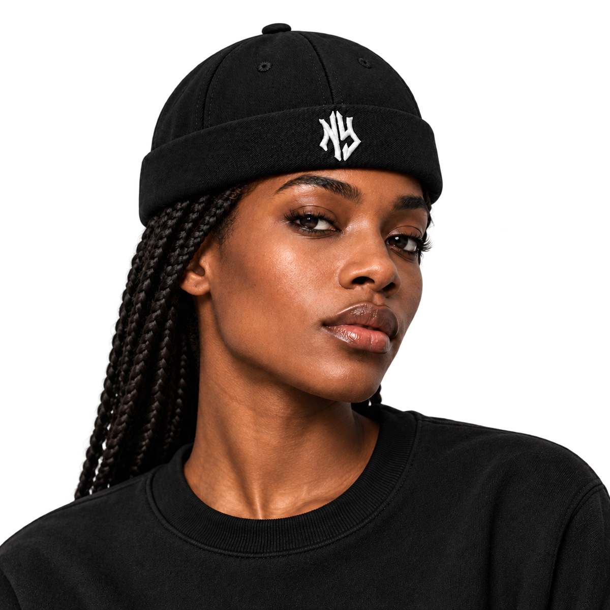 Female model wearing NY Brimless Hat in Black