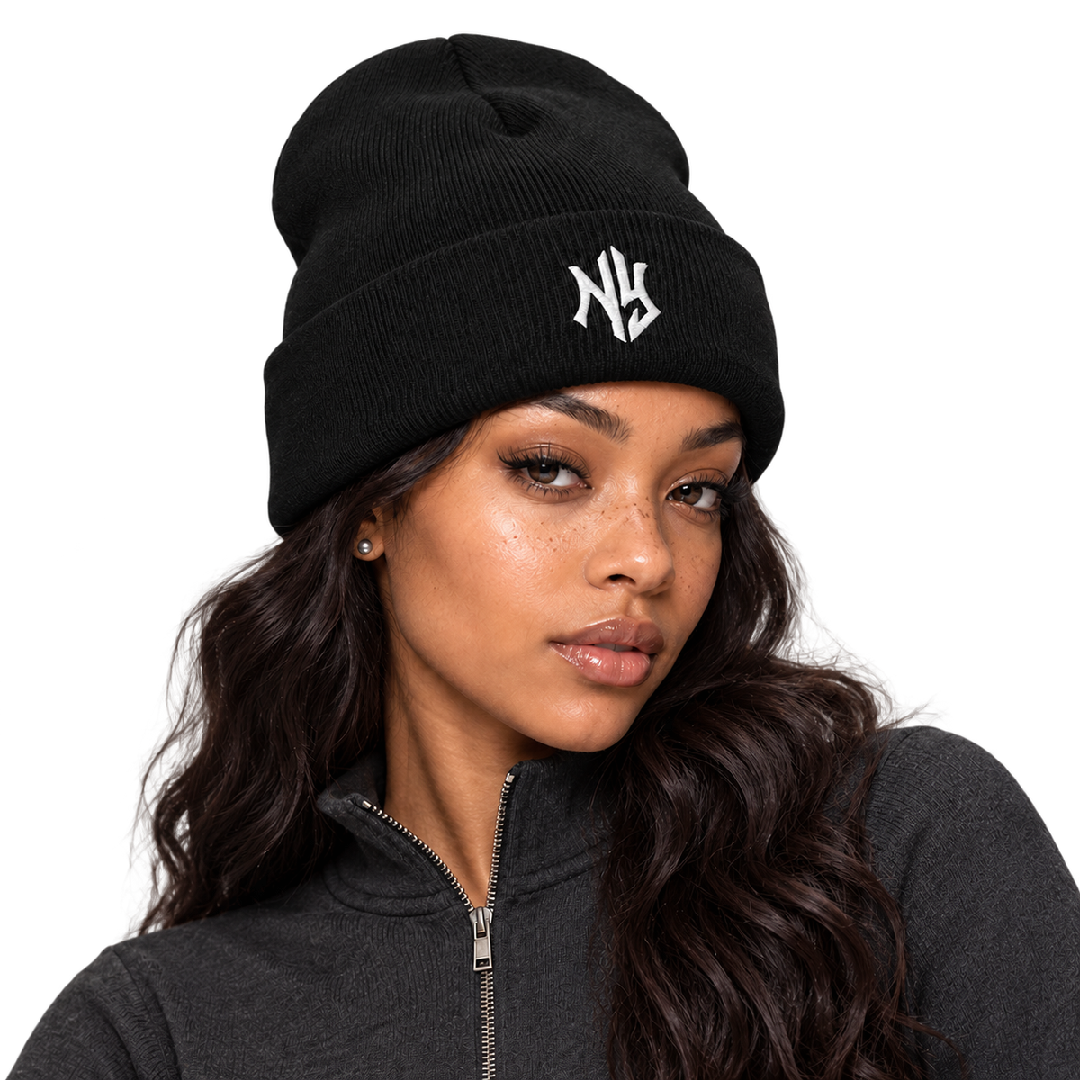 Male model wearing NY Cuffed Beanie in Black and Gold