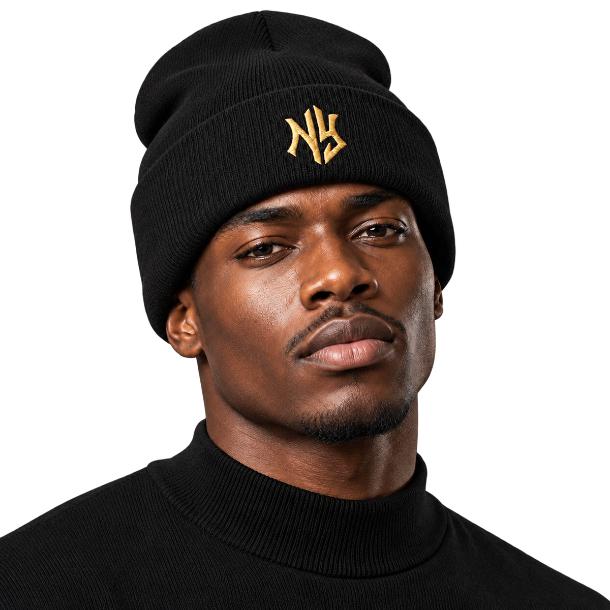 Female model wearing NY Cuffed Beanie in Black and White
