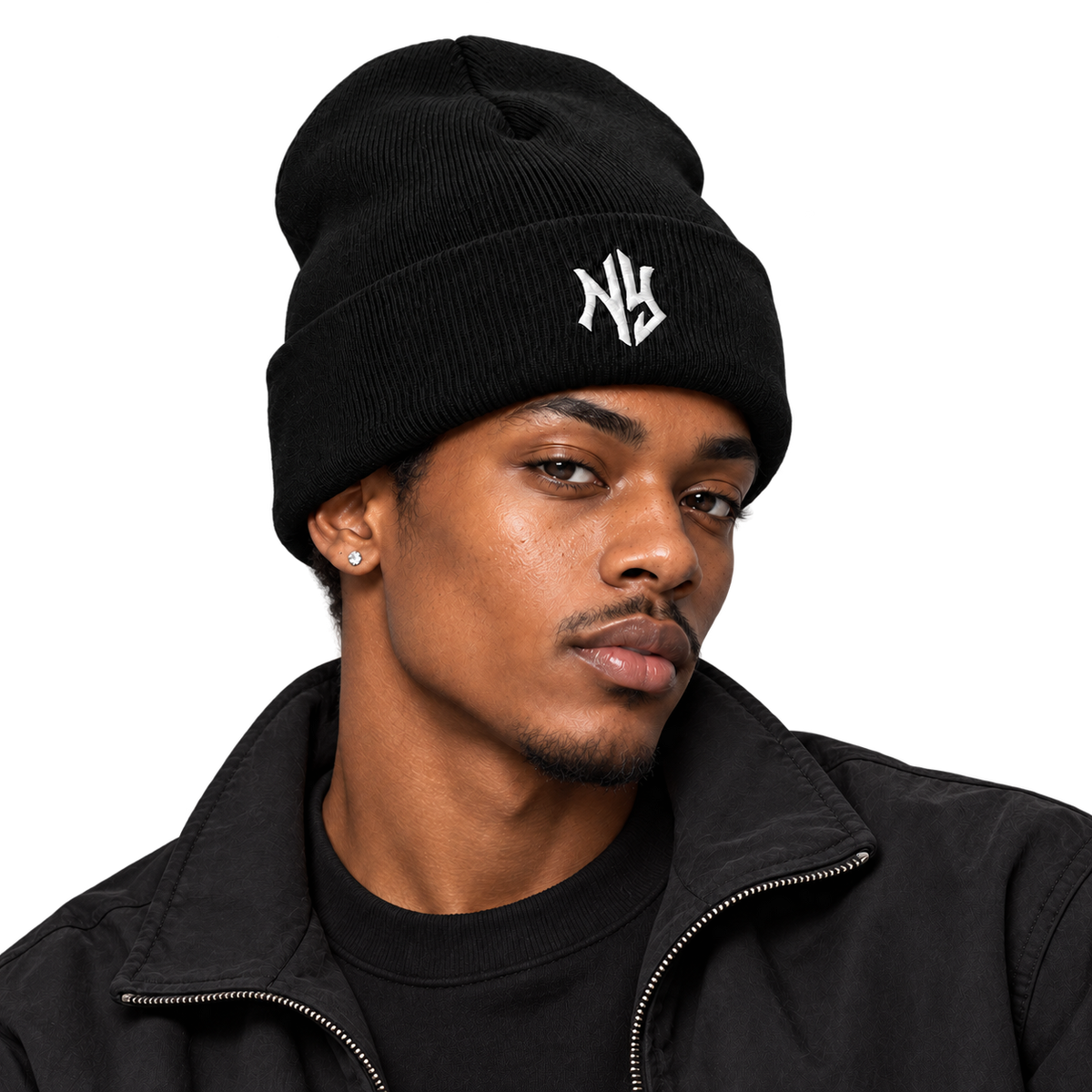 Male model wearing NY Cuffed Beanie in Black and White