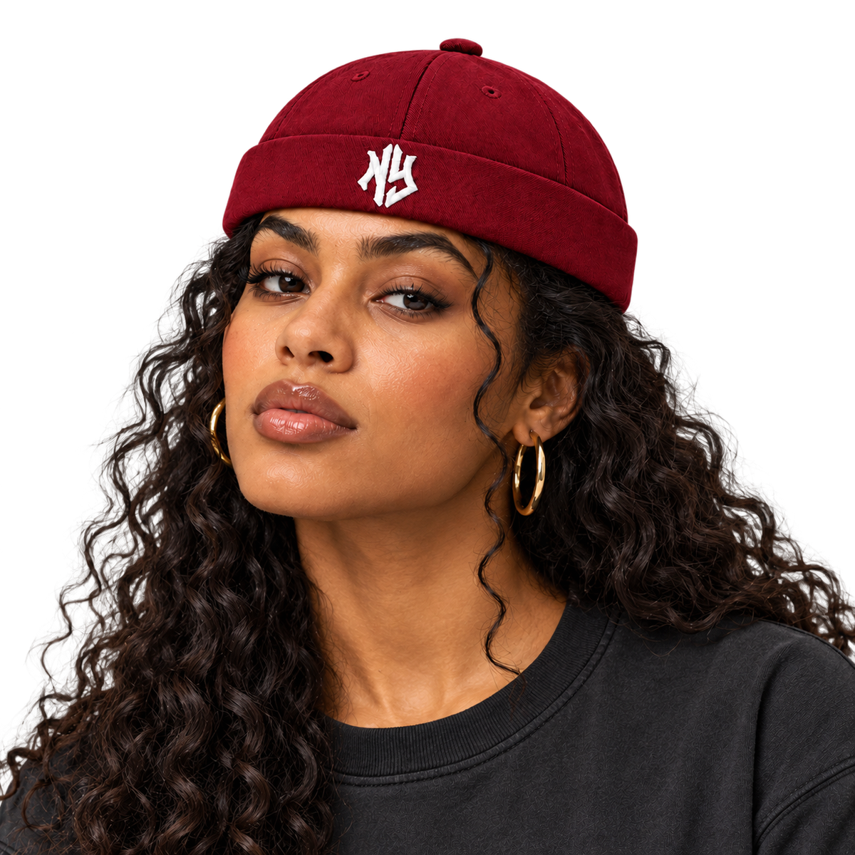 Female model wearing NY Brimless Hat in Burgundy
