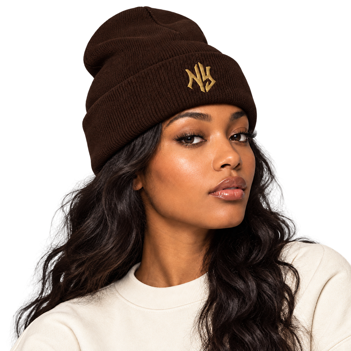 Male model wearing NY Cuffed Beanie in Dark Grey