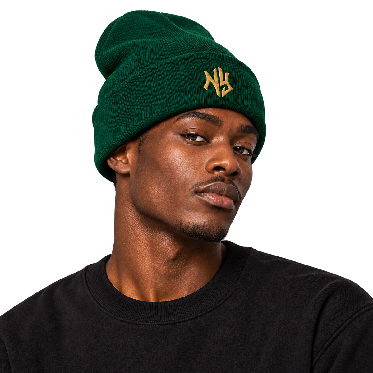 Female model wearing NY Cuffed Beanie in Forest Green