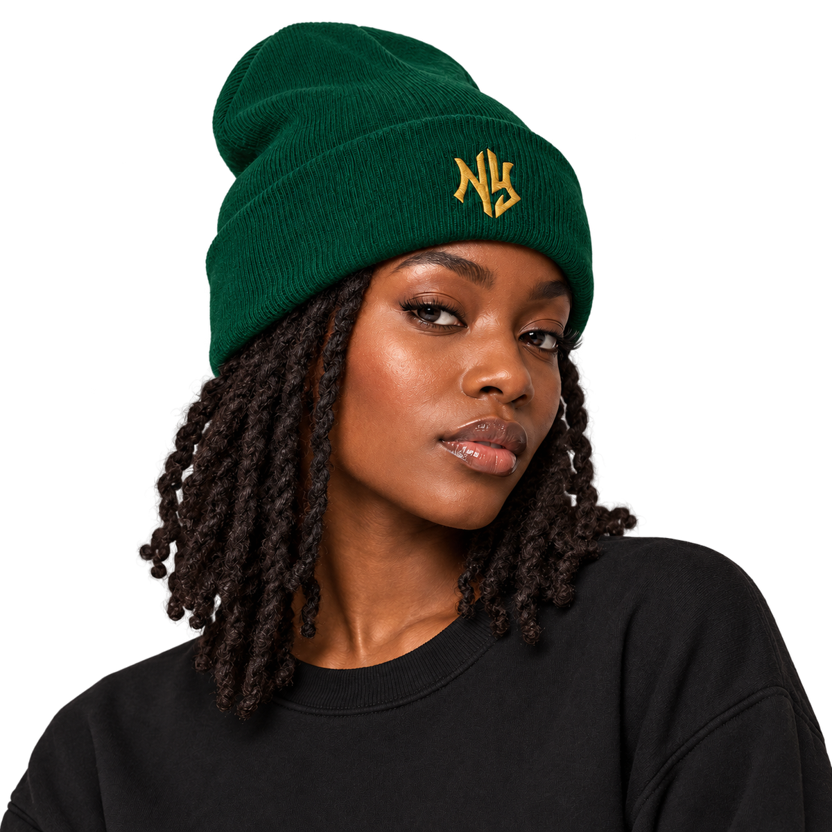 Male model wearing NY Cuffed Beanie in Forest Green