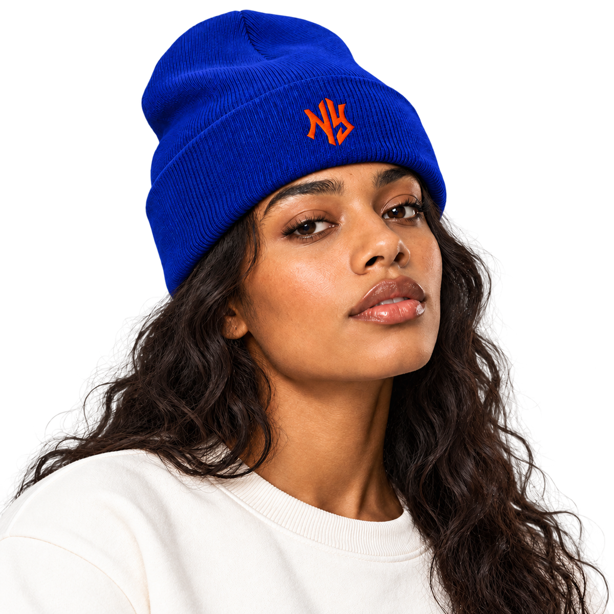 Female model wearing Knicks Cuffed Beanie in Blue