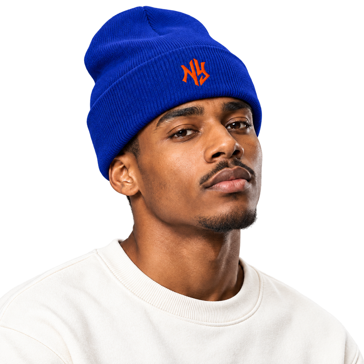 Male model wearing Knicks Cuffed Beanie in Blue