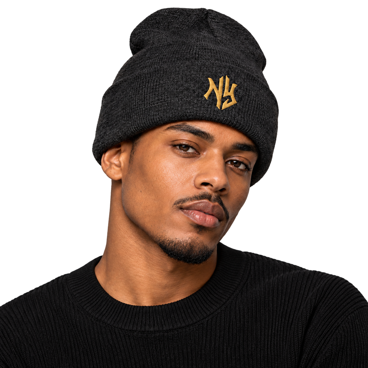 Female model wearing NY Cuffed Beanie in Navy