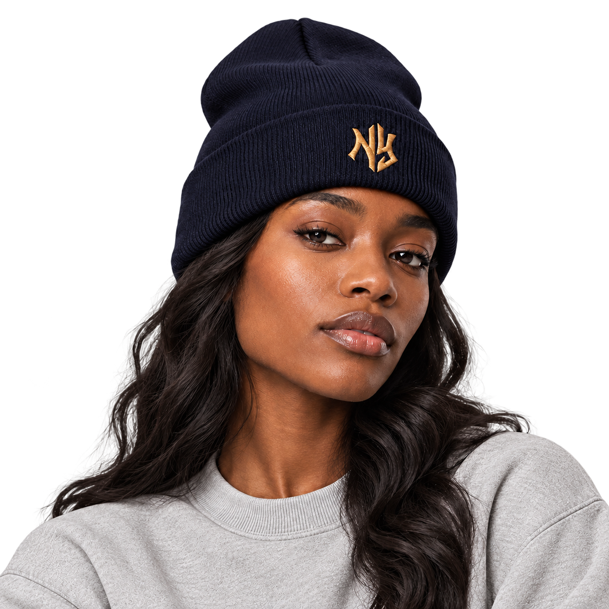 Male model wearing NY Cuffed Beanie in Navy