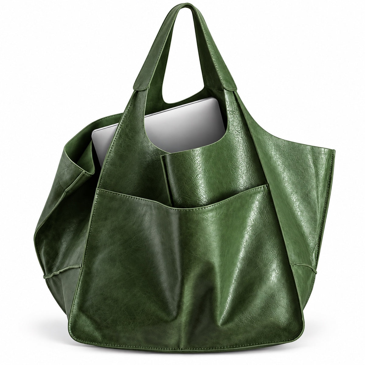 Green oversized tote bag showing a laptop fitting inside