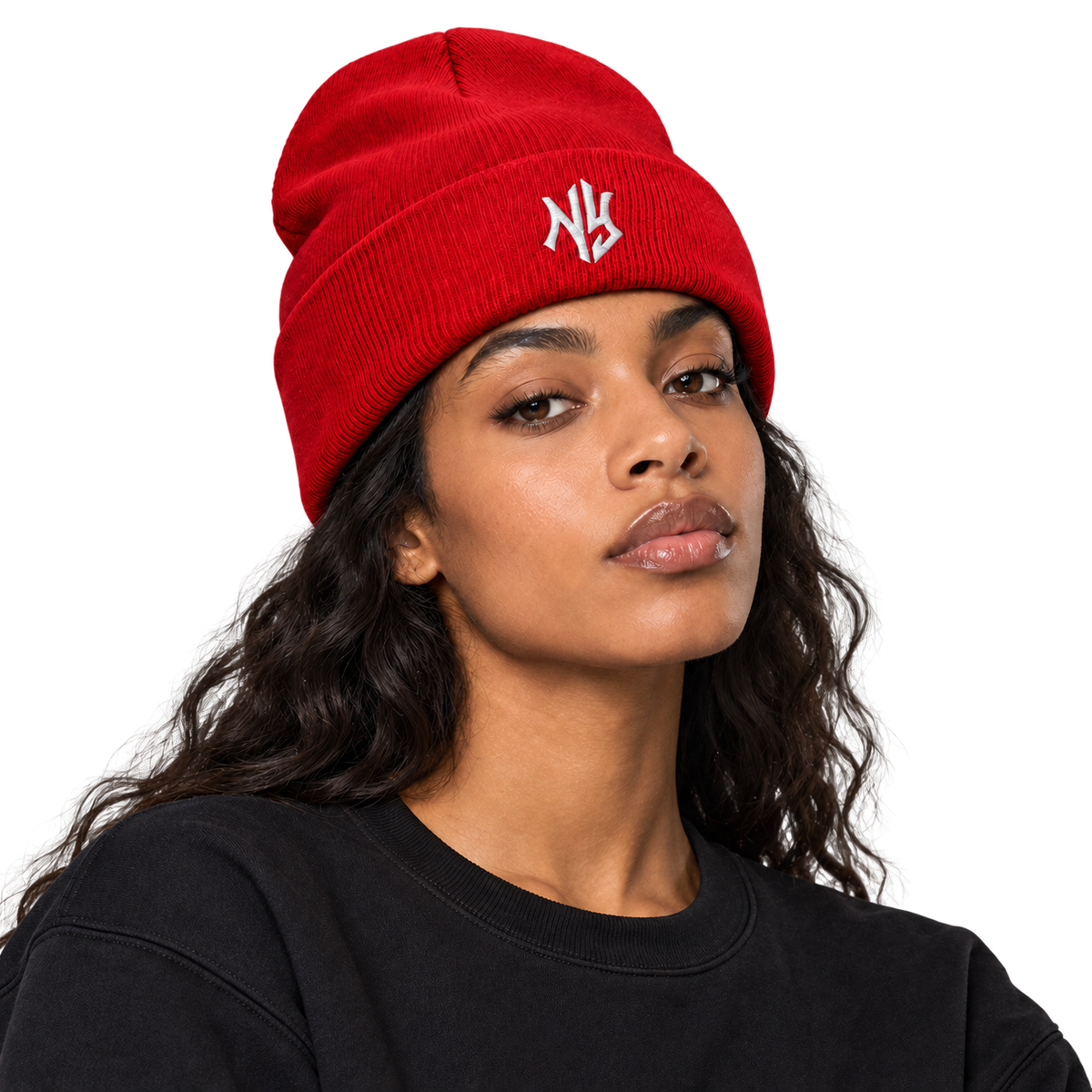 Female model wearing NY Cuffed Beanie in Red