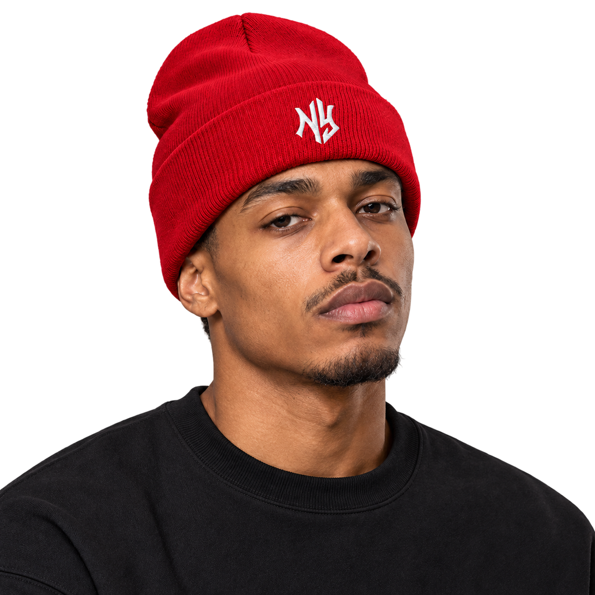 Male model wearing NY Cuffed Beanie in Red