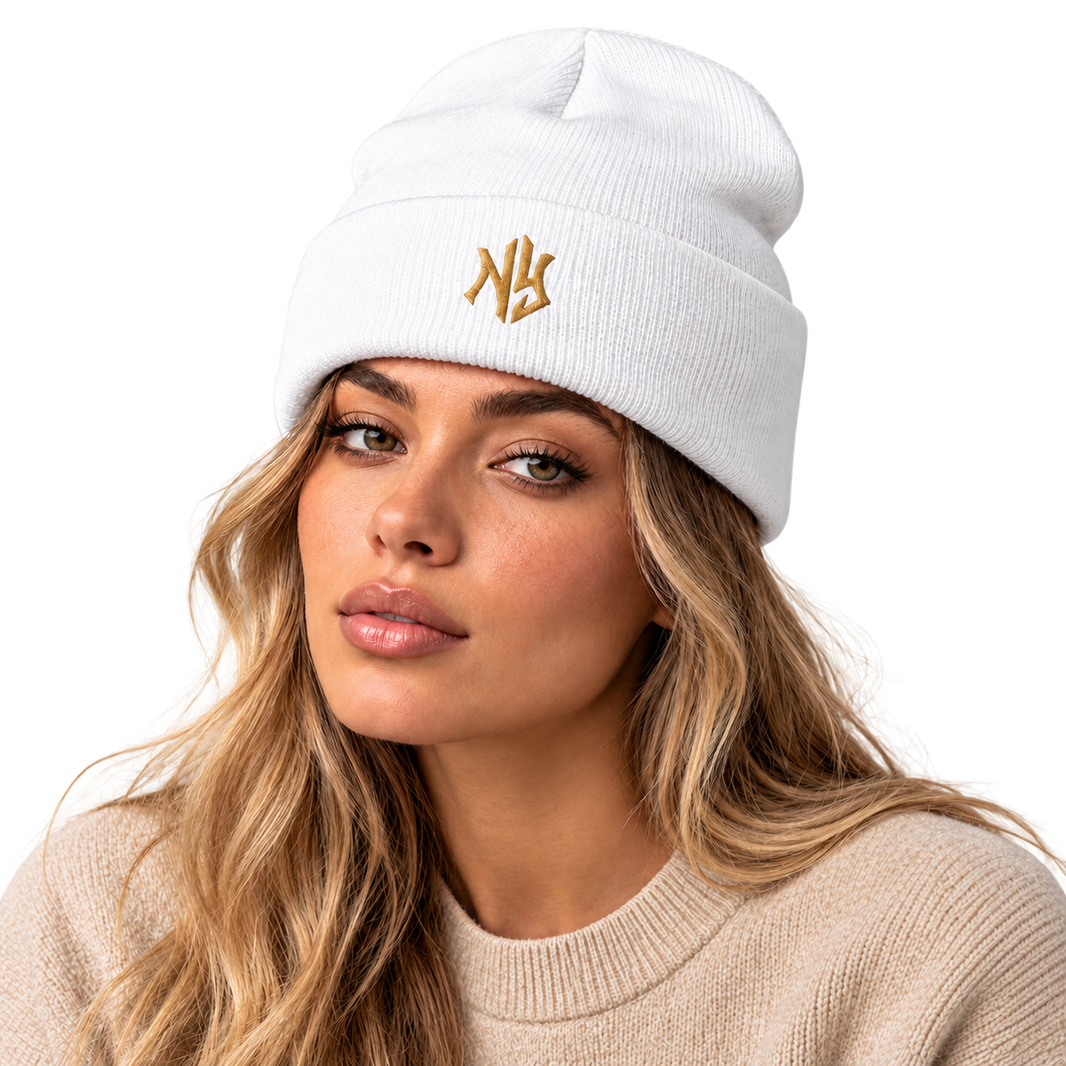 Female model wearing NY Cuffed Beanie in White