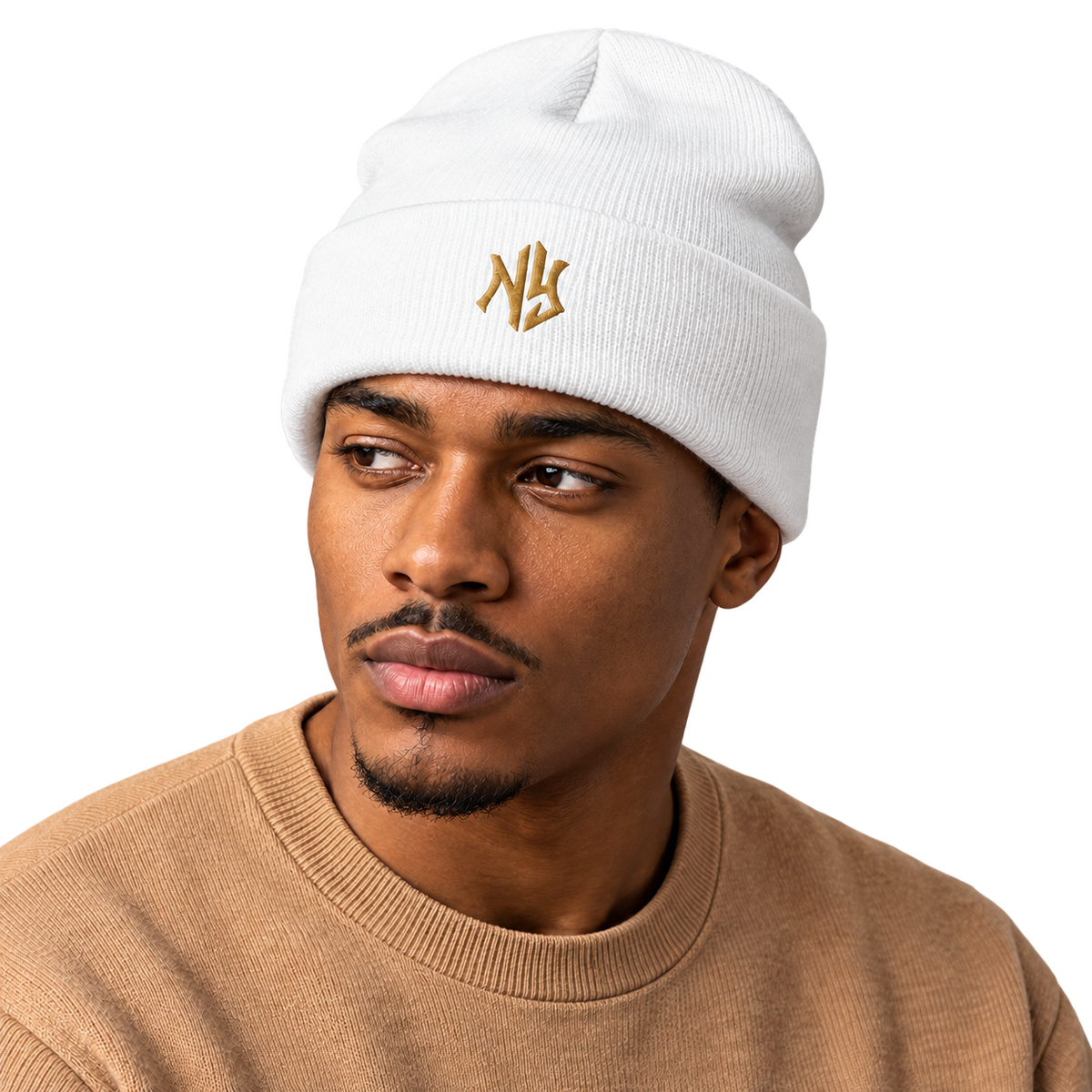 Male model wearing NY Cuffed Beanie in White